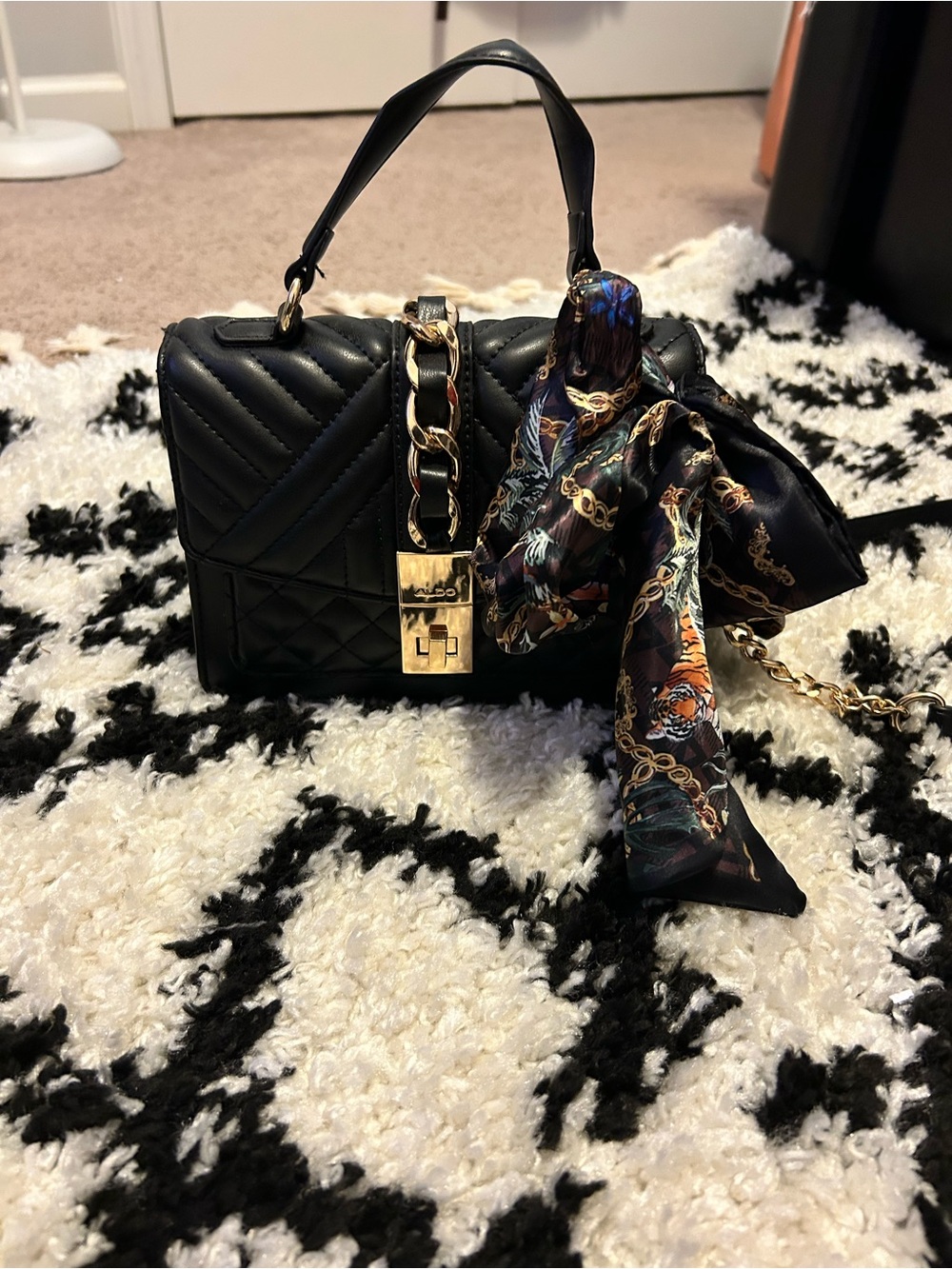 Aldo Black Quilted Crossbody Bag with Gold Chain Accent